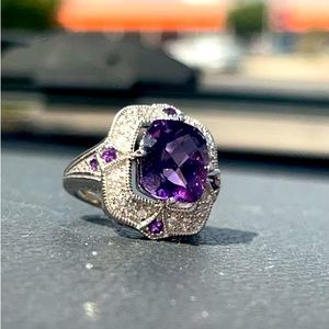 Authentic 10k White Gold Diamond and Amethyst Ring